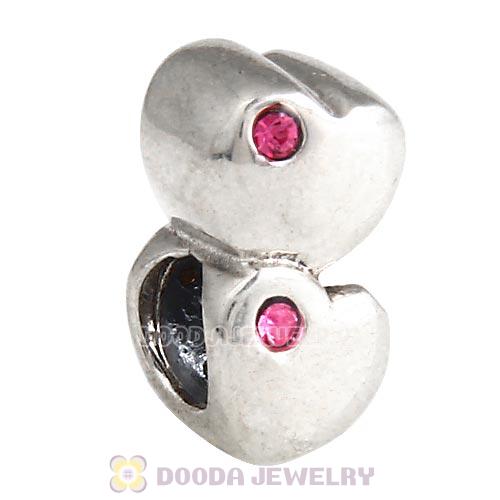 European Sterling Double Heart Charm with Rose Austrian Crystal Beads