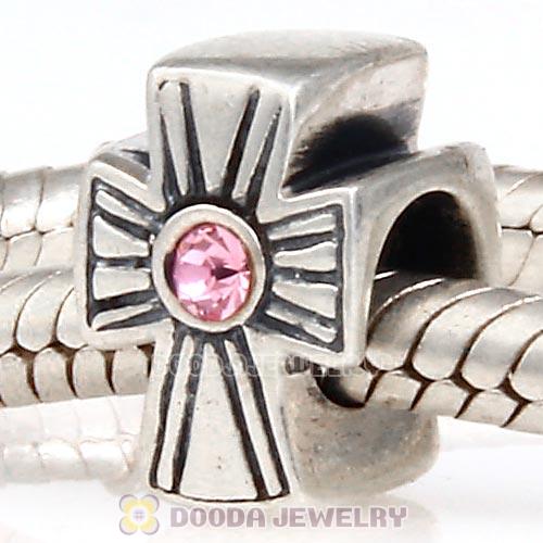 European Sterling Silver Cross Charm With Light Rose Austrian Crystal