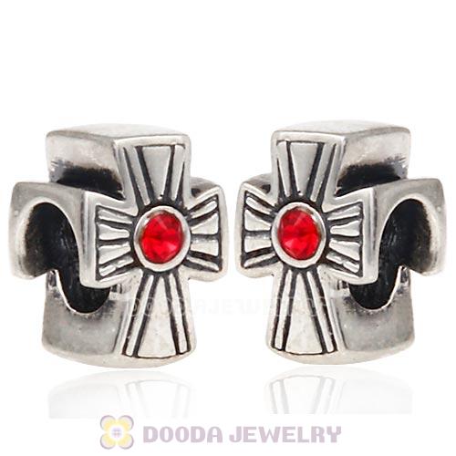 European Sterling Silver Cross Charm With Light Siam Austrian Crystal