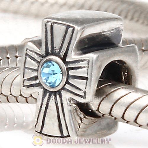 European Sterling Silver Cross Charm With Aquamarine Austrian Crystal