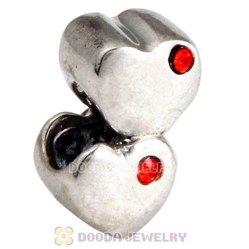 European Sterling Double Heart Charm with Hyacinth Austrian Crystal Beads