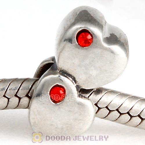 European Sterling Double Heart Charm with Hyacinth Austrian Crystal Beads