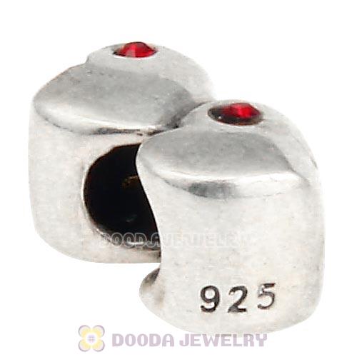 European Sterling Double Heart Charm with Light Siam Austrian Crystal Beads