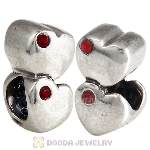 European Sterling Double Heart Charm with Siam Austrian Crystal Beads