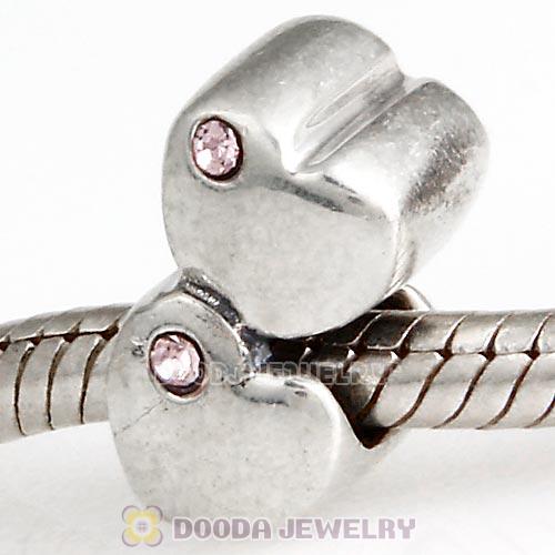 European Sterling Double Heart Charm with Light Amethyst Austrian Crystal Beads