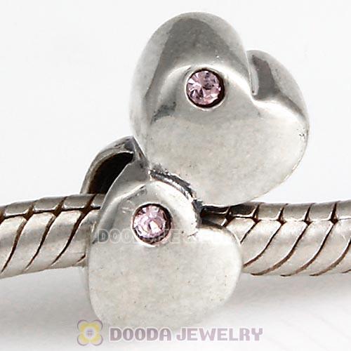 European Sterling Double Heart Charm with Light Amethyst Austrian Crystal Beads