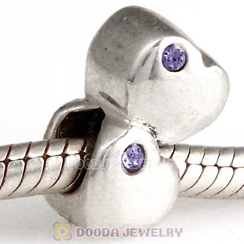 European Sterling Double Heart Charm with Tanzanite Austrian Crystal Beads