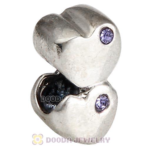 European Sterling Double Heart Charm with Tanzanite Austrian Crystal Beads