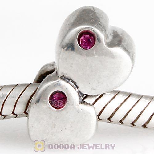 European Sterling Double Heart Charm with Amethyst Austrian Crystal Beads