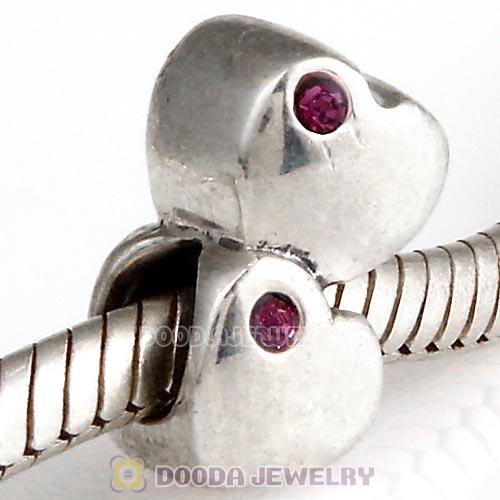 European Sterling Double Heart Charm with Amethyst Austrian Crystal Beads
