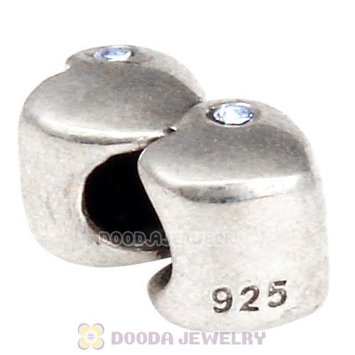 European Sterling Double Heart Charm with Light Sapphire Austrian Crystal Beads