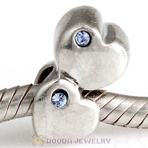 European Sterling Double Heart Charm with Light Sapphire Austrian Crystal Beads