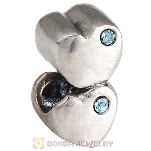 European Sterling Double Heart Charm with Aquamarine Austrian Crystal Beads