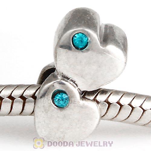 European Sterling Double Heart Charm with Blue Zircon Austrian Crystal Beads