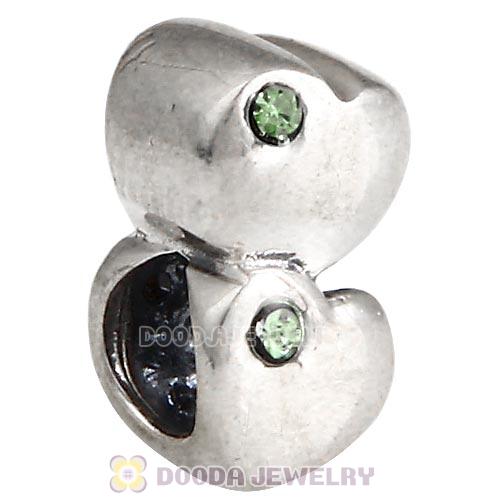 European Sterling Double Heart Charm with Peridot Austrian Crystal Beads