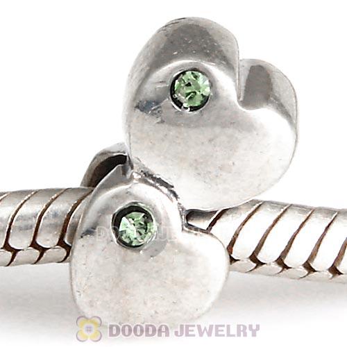 European Sterling Double Heart Charm with Peridot Austrian Crystal Beads