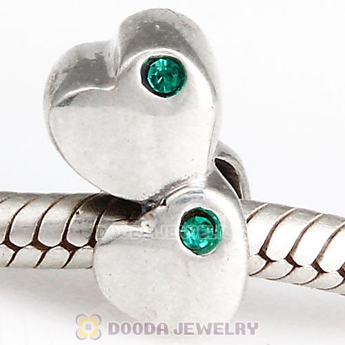 European Sterling Double Heart Charm with Emerald Austrian Crystal Beads