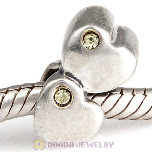 European Sterling Double Heart Charm with Jonquil Austrian Crystal Beads
