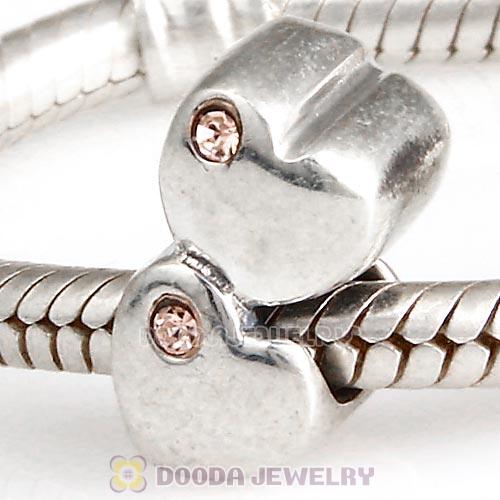 European Sterling Double Heart Charm with Light Peach Austrian Crystal Beads