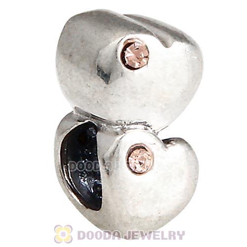 European Sterling Double Heart Charm with Light Peach Austrian Crystal Beads