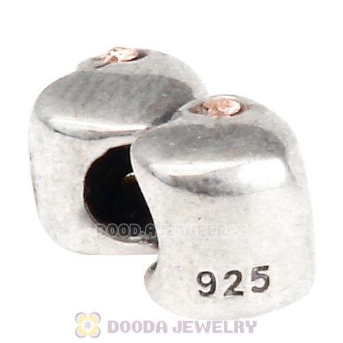 European Sterling Double Heart Charm with Light Peach Austrian Crystal Beads