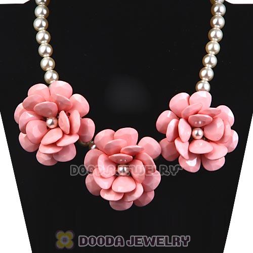 2013 Pink Resin Flower Rose Imitate Pearl Necklaces Wholesale