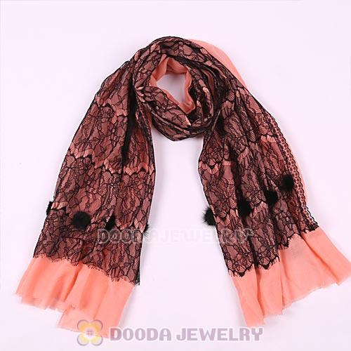 Urban Retro Pink Wool with Black Lace Pashmina Shawl Scarves