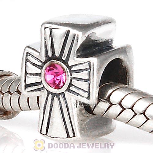 European Sterling Silver Cross Charm With Rose Austrian Crystal