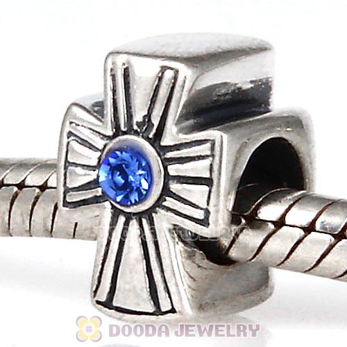 European Sterling Silver Cross Charm With Sapphire Austrian Crystal
