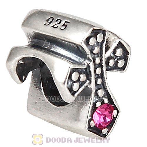 European Antique Sterling Silver Cross Charm Bead with Rose Austrian Crystal