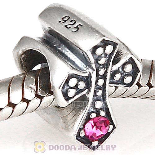 European Antique Sterling Silver Cross Charm Bead with Rose Austrian Crystal