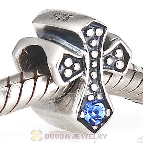 European Antique Sterling Silver Cross Charm Bead with Sapphire Austrian Crystal