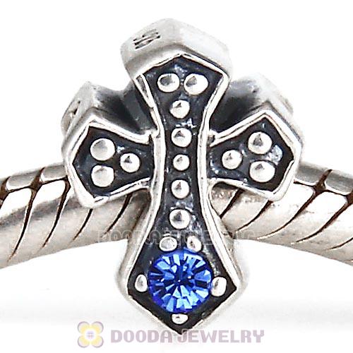European Antique Sterling Silver Cross Charm Bead with Sapphire Austrian Crystal