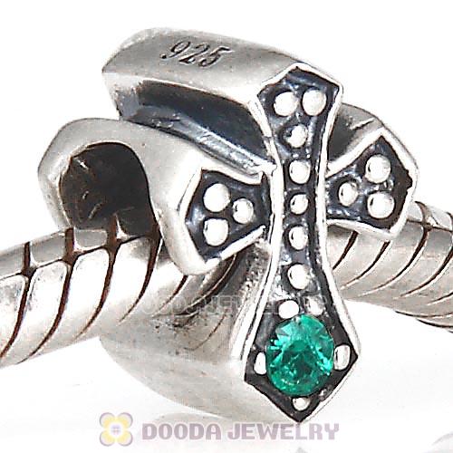 European Antique Sterling Silver Cross Charm Bead with Emerald Austrian Crystal