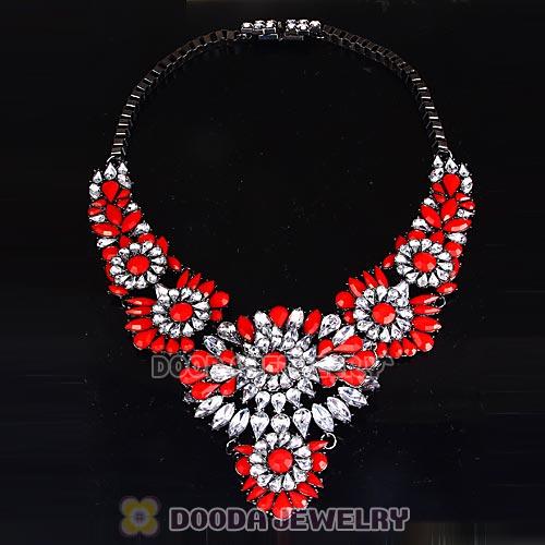 Luxury brand Red Resin Crystal Flower Statement Necklaces Wholesale
