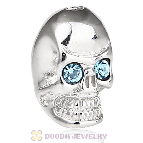 8×14mm Rhodium plated Sterling Silver Skull Head Bead with Aquamarine Austrian Crystal