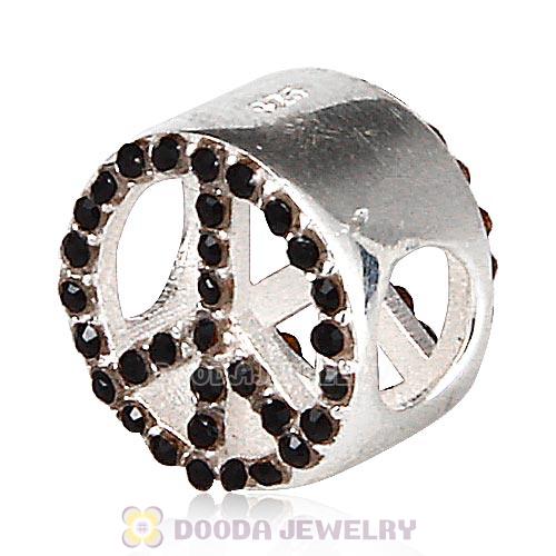 Sterling Silver Peace Button Beads with Jet Austrian Crystal