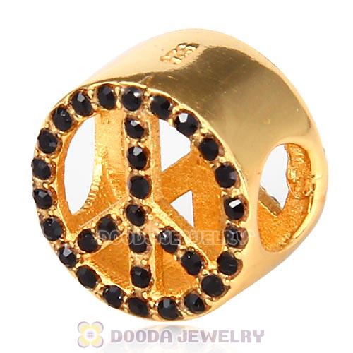 Gold Plated Sterling Silver Peace Button Beads with Jet Austrian Crystal
