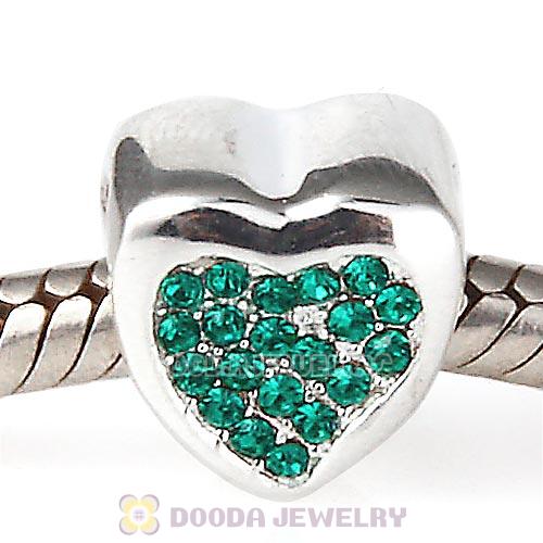 Sterling Silver Glitter Heart Beads with Emerald Austrian Crystal