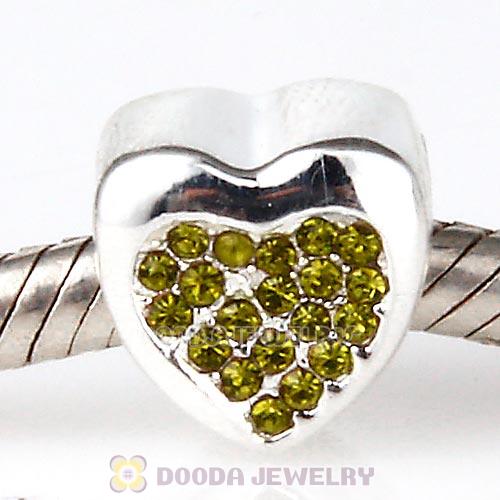 Sterling Silver Glitter Heart Beads with Olivine Austrian Crystal