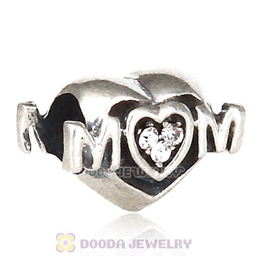 Sterling Silver European MOM Heart Bead with Crystal Austrian Crystal