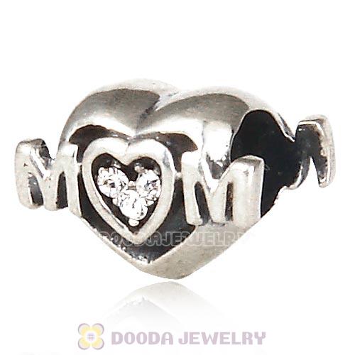 Sterling Silver European MOM Heart Bead with Crystal Austrian Crystal