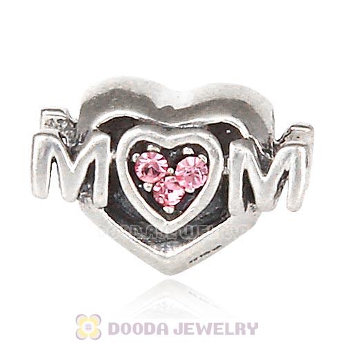 Sterling Silver European MOM Heart Bead with Light Rose Austrian Crystal