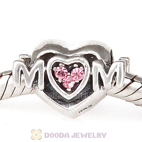 Sterling Silver European MOM Heart Bead with Light Rose Austrian Crystal