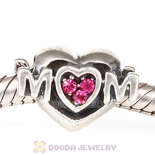 Sterling Silver European MOM Heart Bead with Rose Austrian Crystal