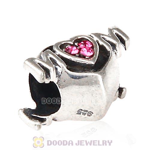 Sterling Silver European MOM Heart Bead with Rose Austrian Crystal