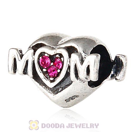 Sterling Silver European MOM Heart Bead with Fuchsia Austrian Crystal