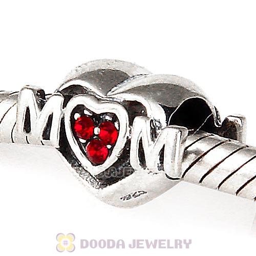 Sterling Silver European MOM Heart Bead with Siam Austrian Crystal
