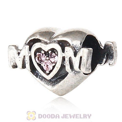 Sterling Silver European MOM Heart Bead with Light Amethyst Austrian Crystal