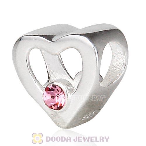 Sterling Silver European Heart Beads with Light Rose Austrian Crystal